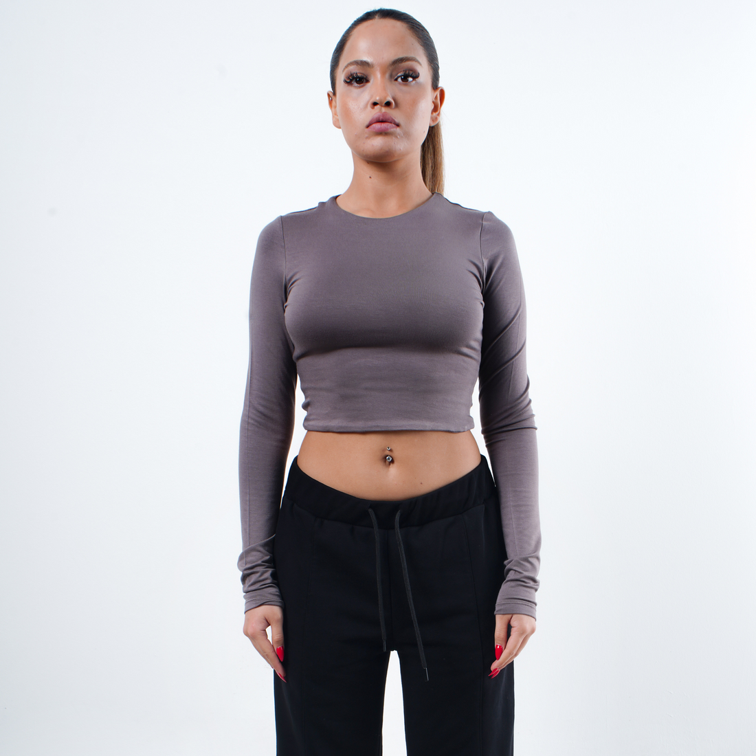 OZY - CROP - UZUN KOLLU BİSİKLET YAKA T-SHİRT- ESPRESSO