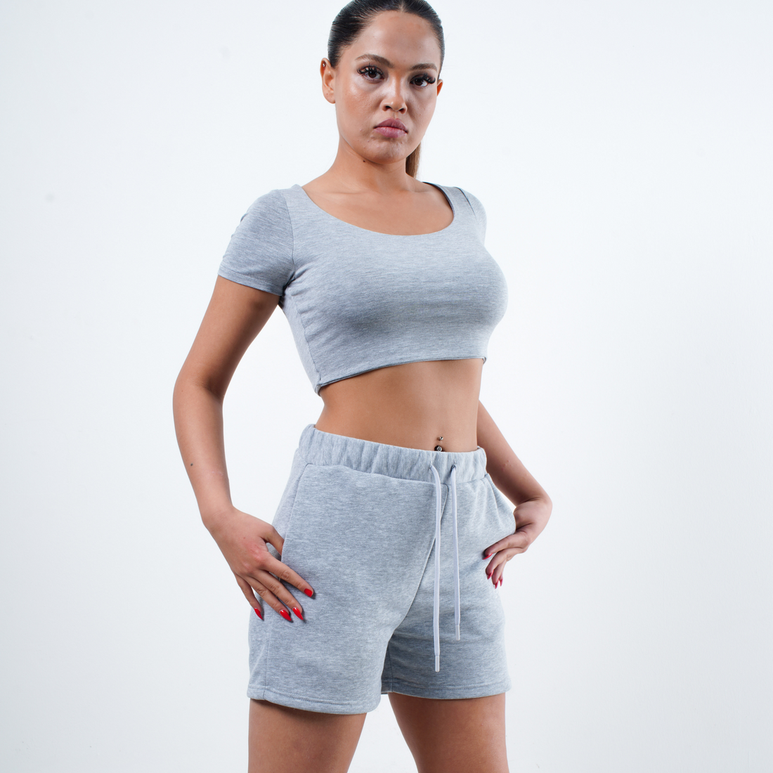 GNC - KISA KOLLU-U YAKA CROP T-SHİRT- GRİ MELANJ