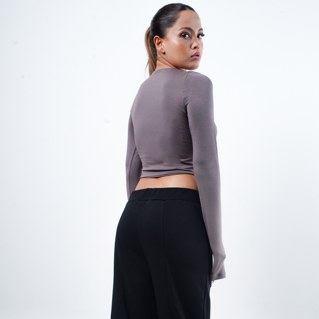 OZY - CROP - UZUN KOLLU BİSİKLET YAKA T-SHİRT- ESPRESSO