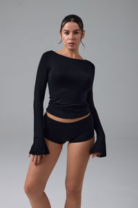 HOFLICH - KAYIK YAKA FLARE KOL T-SHIRT - SİYAH