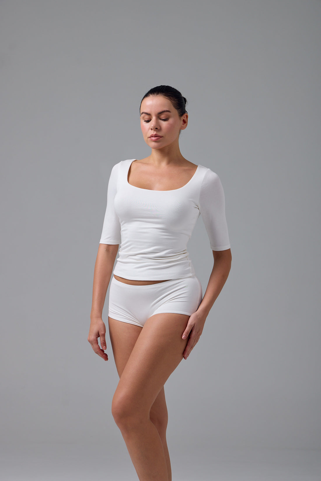 GNC-U YAKA YARIM KOL  T-SHIRT - CREAM