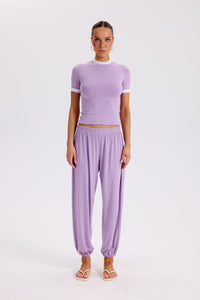 OZY- KONTRAST DETAY KISA KOL T-SHIRT- SOFT LAVENDER & WHITE