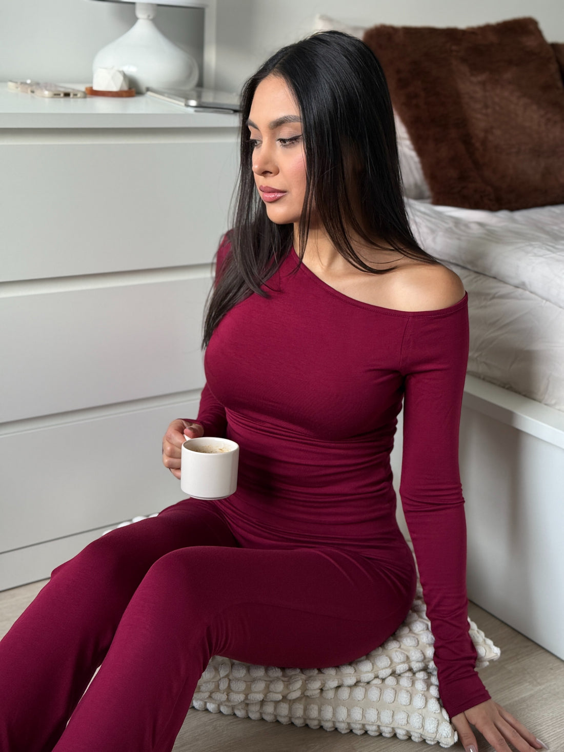 SERENE - ASİMETRİK TEK OMUZ DETAY T-SHIRT - RED PLUM