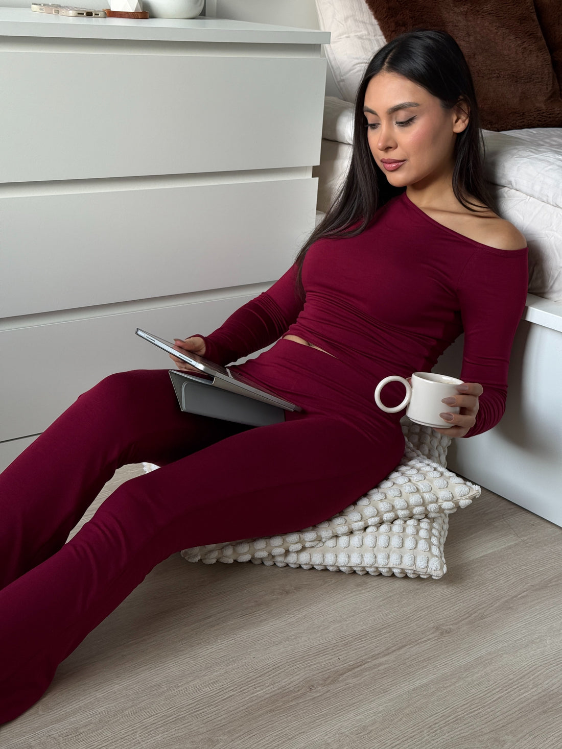 SERENE - ASİMETRİK TEK OMUZ DETAY T-SHIRT - RED PLUM