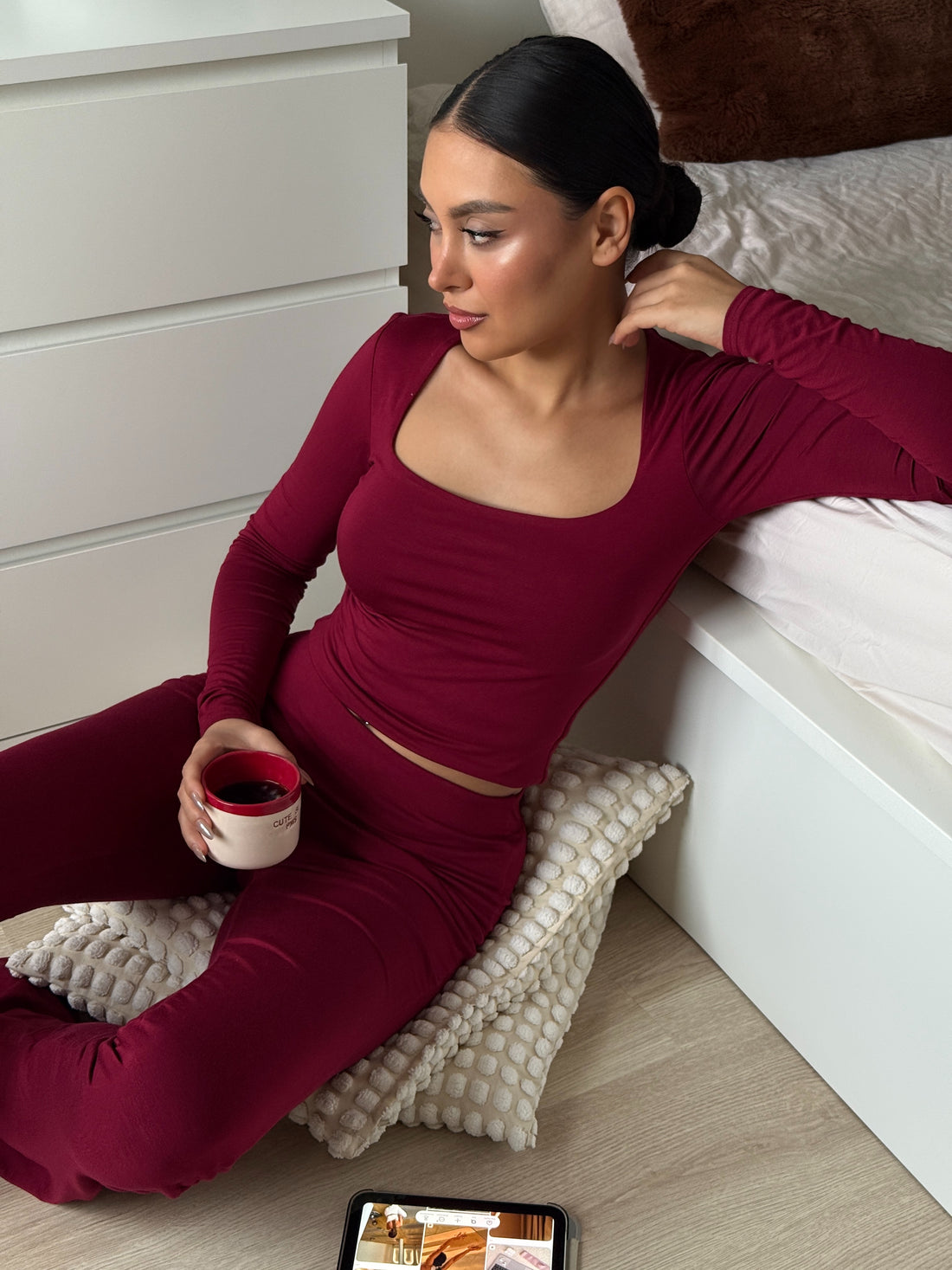 HELEN - KARE YAKA UZUN KOL T-SHIRT - RED PLUM