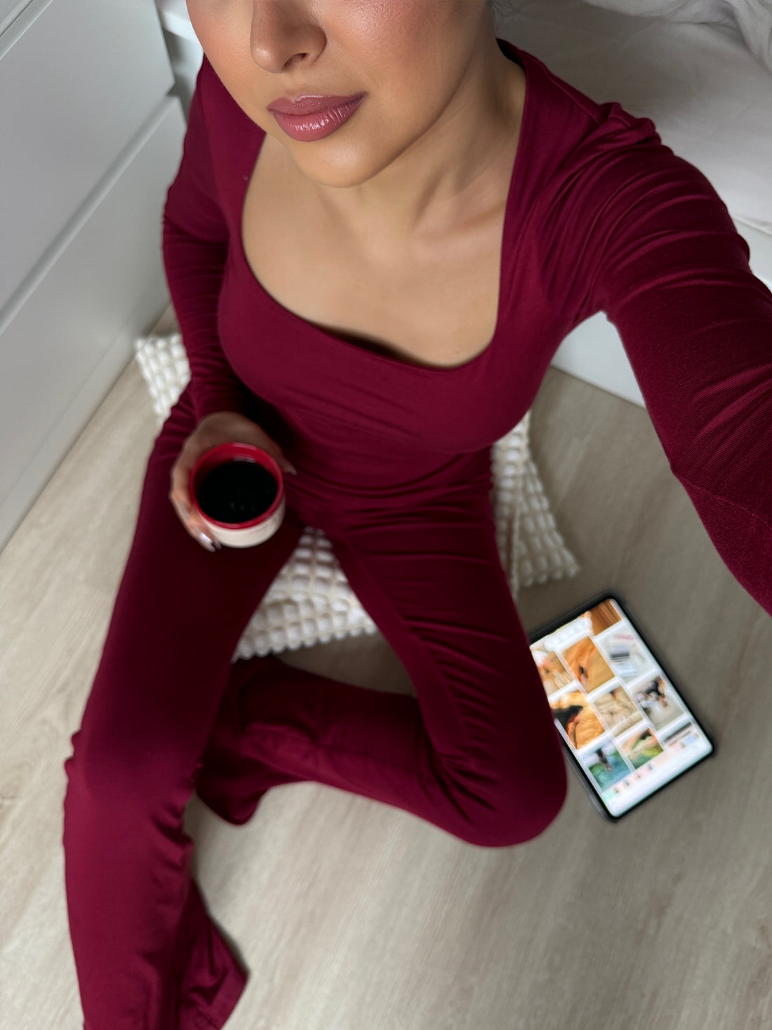 HELEN - KARE YAKA UZUN KOL T-SHIRT - RED PLUM