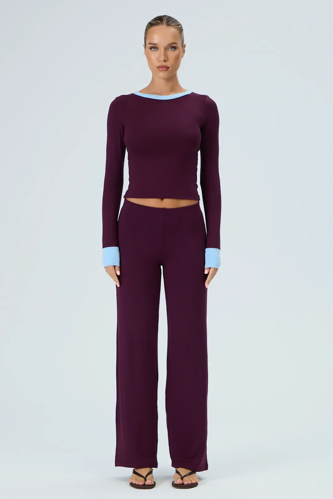 RIVIERA - KONTRAST YAKA VE KOL UCU DETAYLI T-SHIRT - MULBERRY / SWEET BLUE
