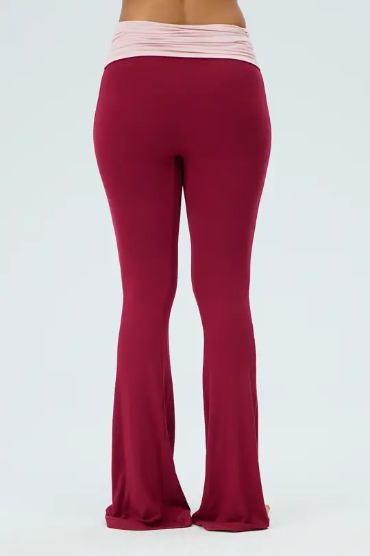 Kontrast Katlanabilir Bel Flared Pants - Red Plum & Cotton Candy