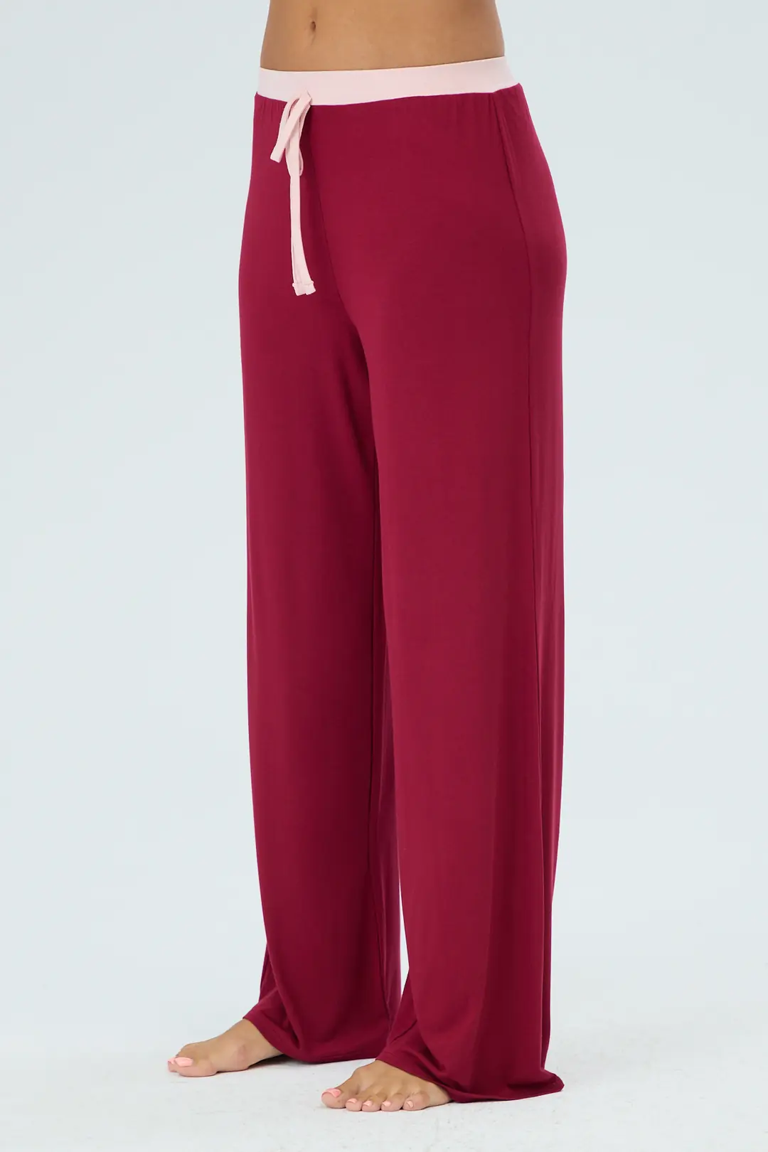 KONTRAST BEL DETAYLI WIDE LEG PANTS - RED PLUM & COTTON CANDY