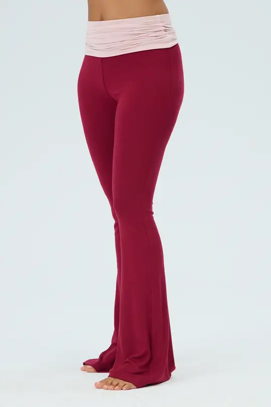 Kontrast Katlanabilir Bel Flared Pants - Red Plum & Cotton Candy