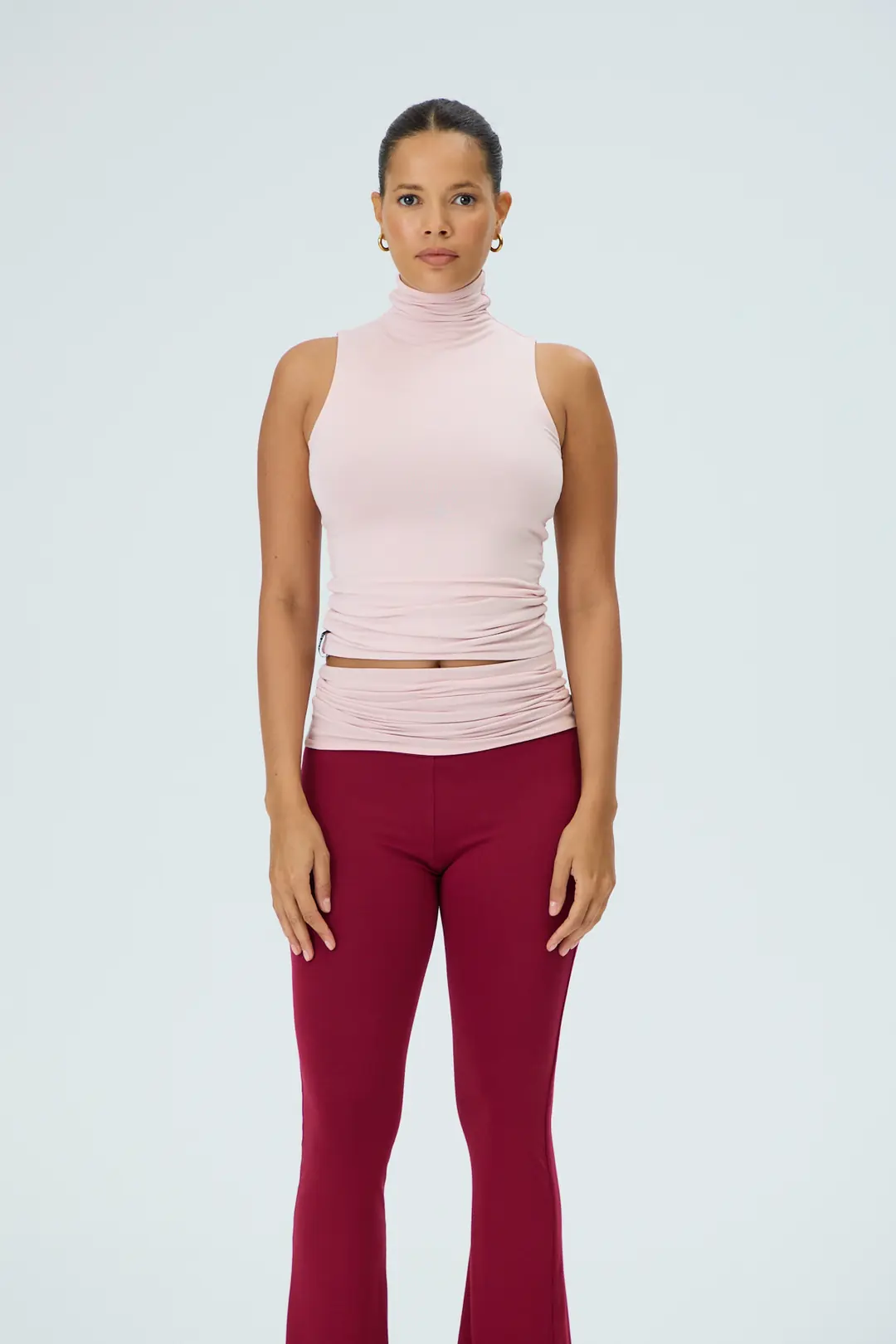 MISS DUAL - ÇİFT TARAFLI & ÇİFT RENKLİ BALIKÇI YAKA KOLSUZ T-SHIRT - RED PLUM & COTTON CANDY