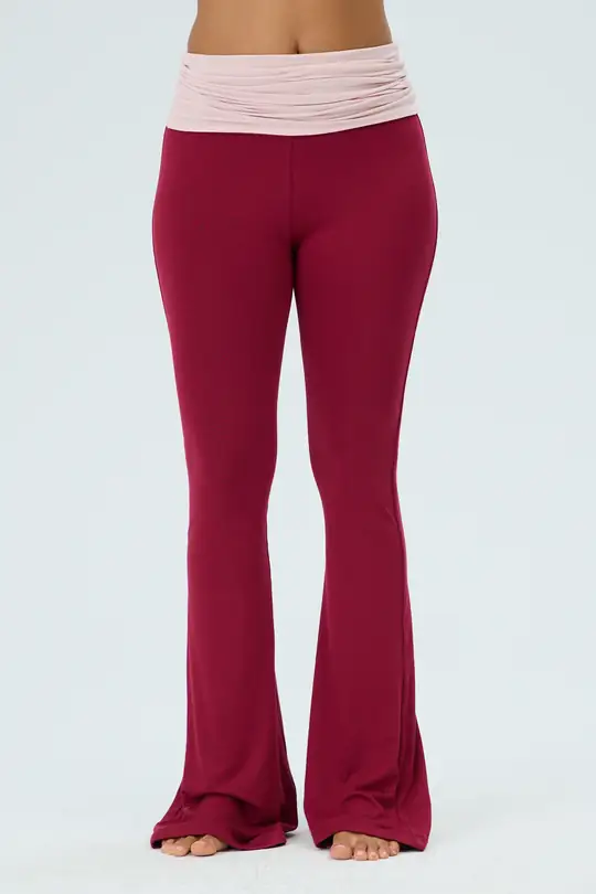Kontrast Katlanabilir Bel Flared Pants - Red Plum & Cotton Candy