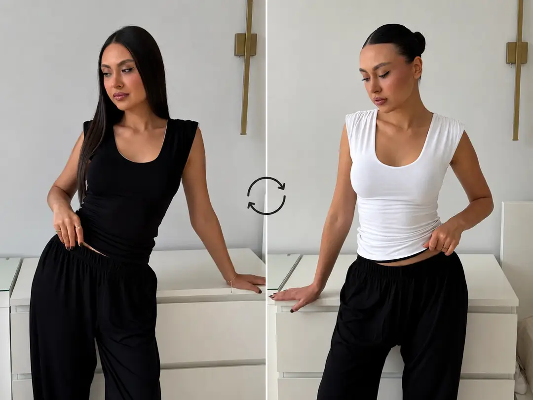 HELENIE DUAL - ÇİFT TARAFLI & ÇİFT RENKLİ U YAKA OMUZ BÜZGÜ DETAYLI T-SHIRT — 3