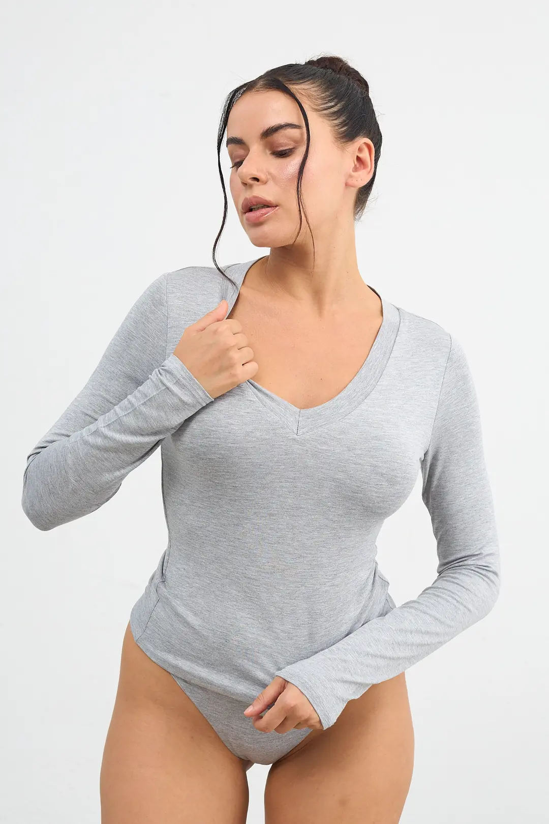 V YAKA UZUN KOL T-SHIRT - GREY