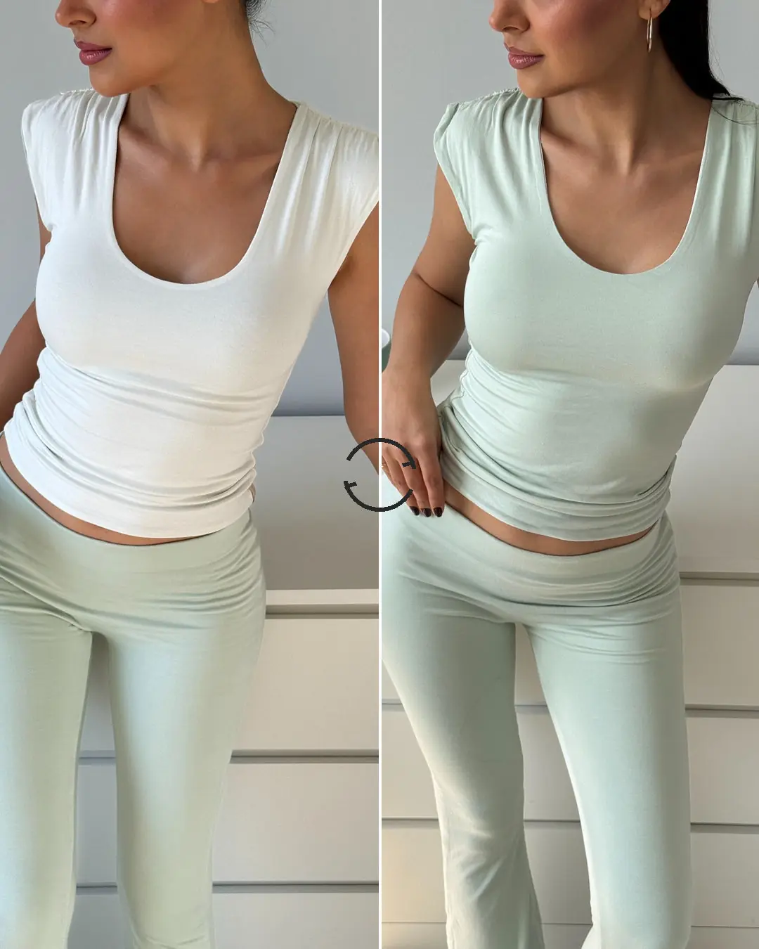 HELENIE DUAL - ÇİFT TARAFLI & ÇİFT RENKLİ U YAKA OMUZ BÜZGÜ DETAYLI T-SHIRT — 4